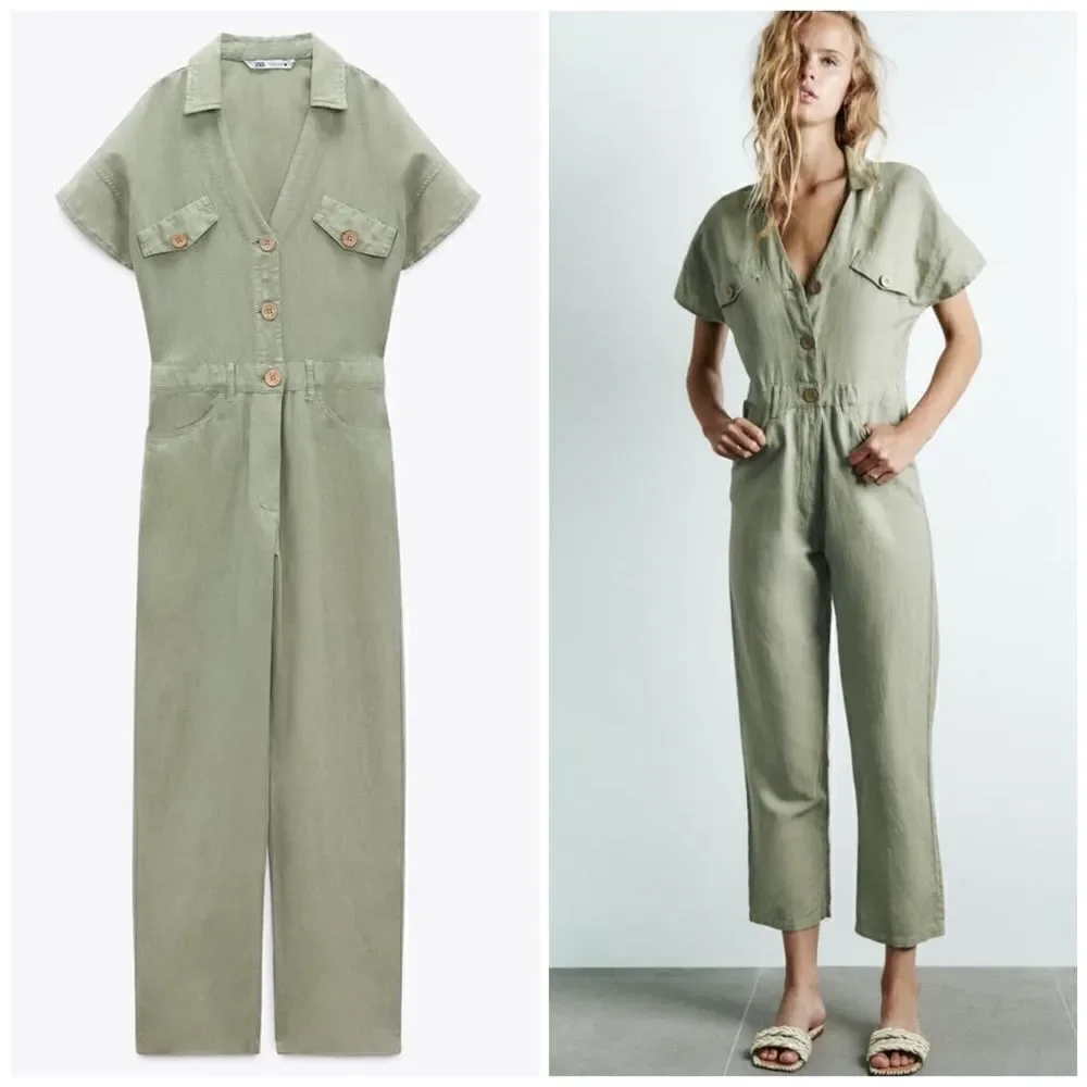Zara Linen Blend Jumpsuit Rustic New